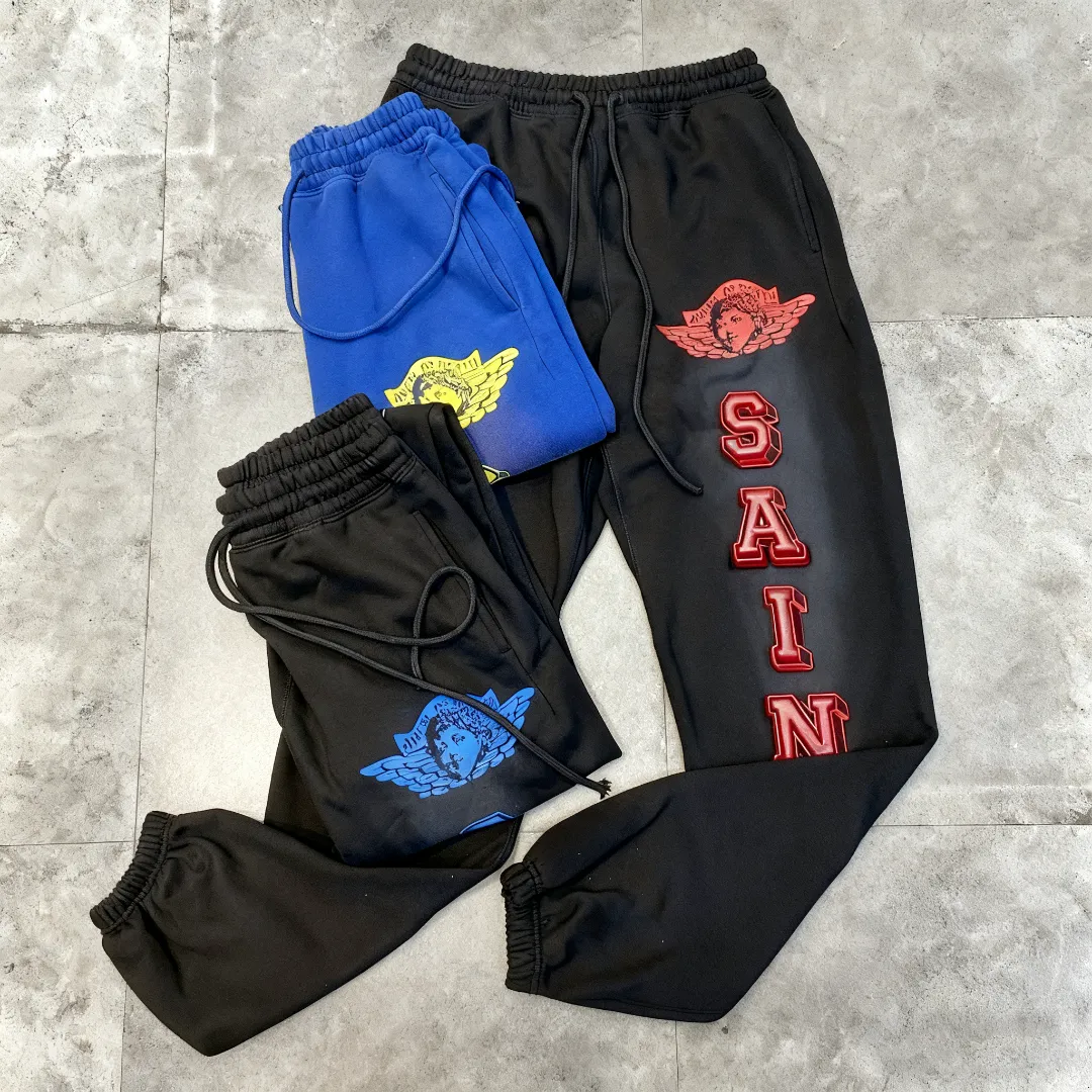 Saint Michael's trendy retro angels letters with old washed angel vintage loose casual loose sweatpants and trousers Style number: SM632 Size: S-M-L-XL Color: black blue-black red-blue yellow Price: P236